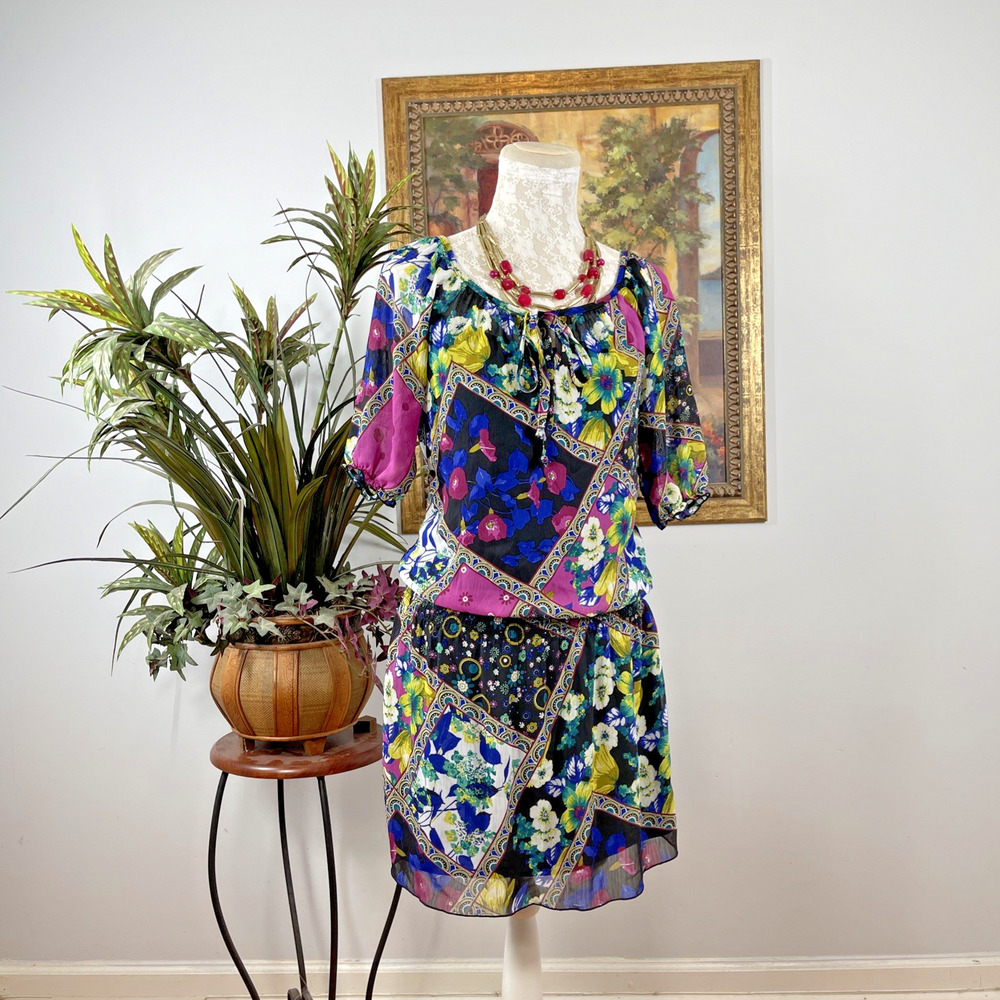 A. Byer Floral Patchwork Peasant‎ Dress Small Boho Sheer Resort Wear Colorful